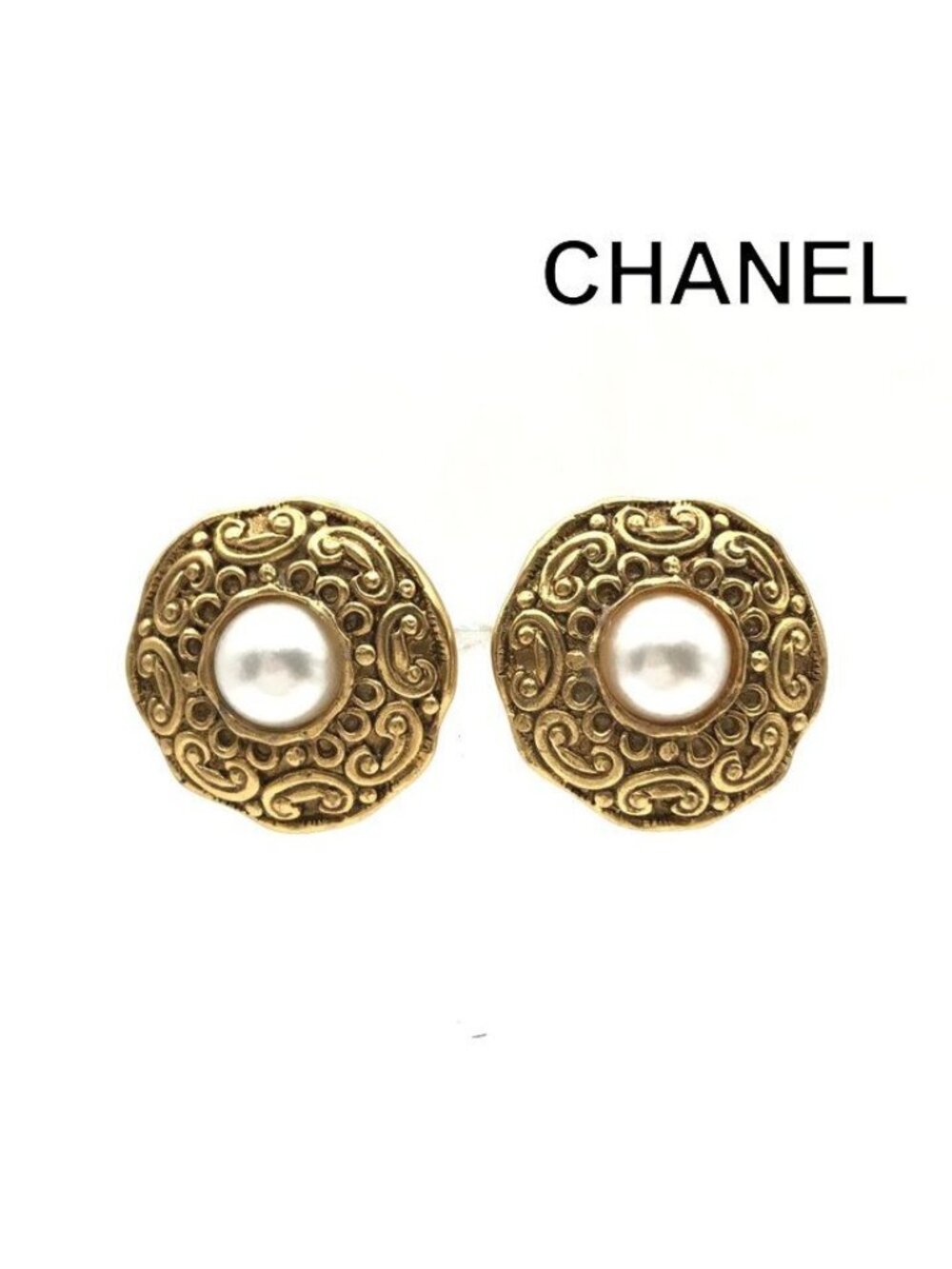 Chanel Earrings Round Vintage Faux Pearl Gold